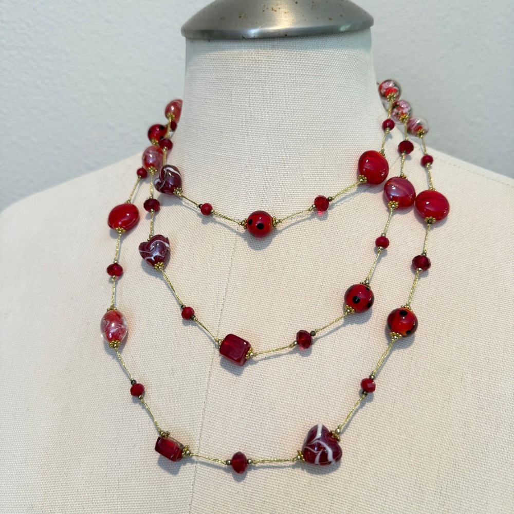 Red Lampwork Glass Heart Floral Bead Long Strand Necklace Gold Tone‎ Layering
